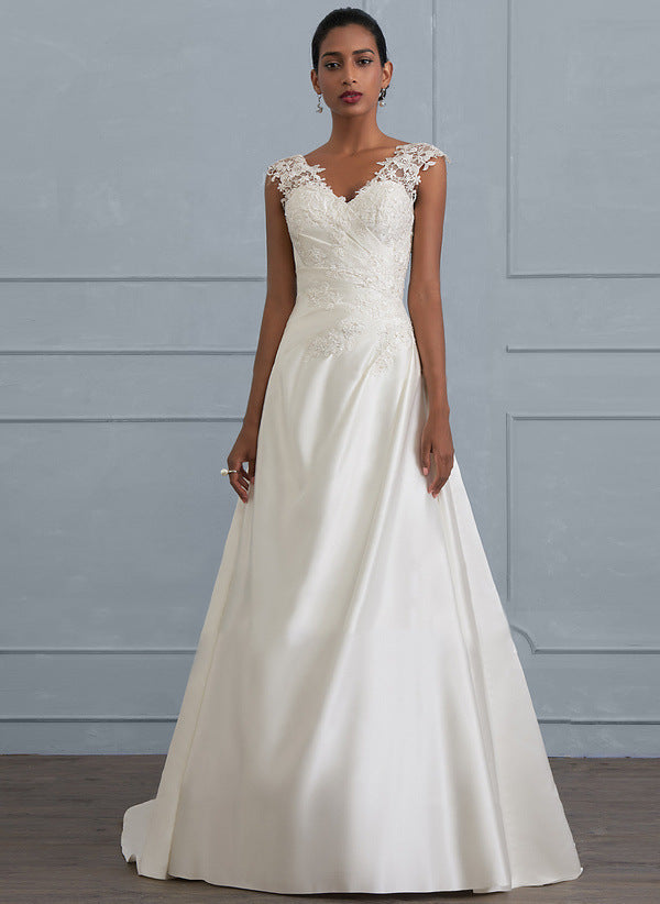 One-shoulder V-neck fishtail lace trailing wedding dress - XNOIR