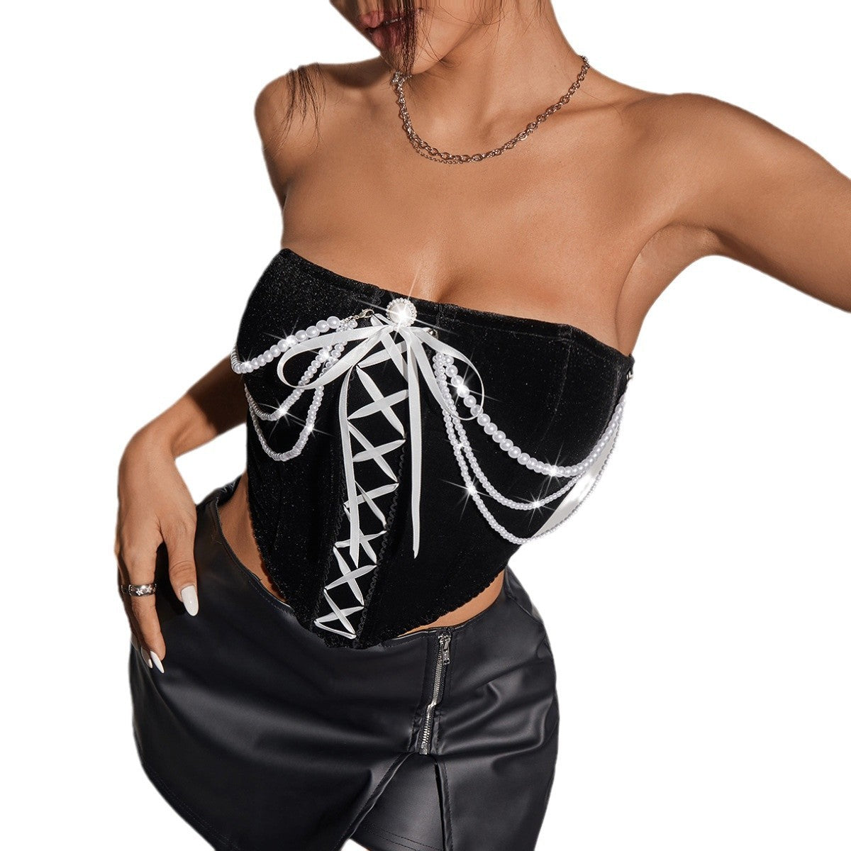 Vintage Velvet Stitching Pearl Chain Off-shoulder Tube Top Fishbone Bra - XNOIR