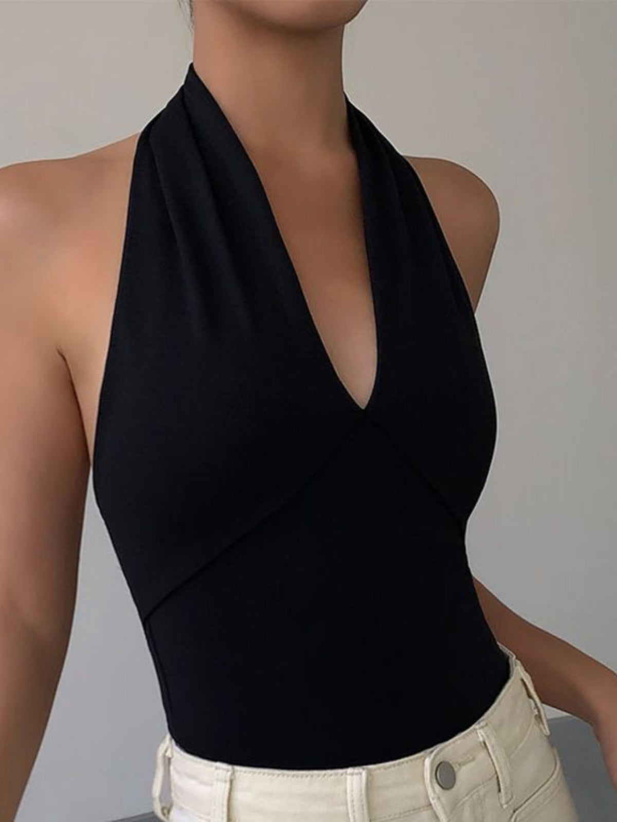 Advanced Sense Black V-neck Halterneck Vest - XNOIR