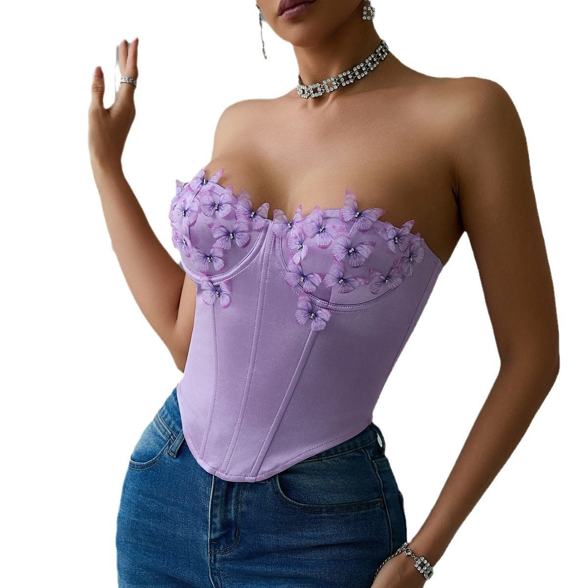 Satin Butterfly Tube Top Diamond Top - XNOIR