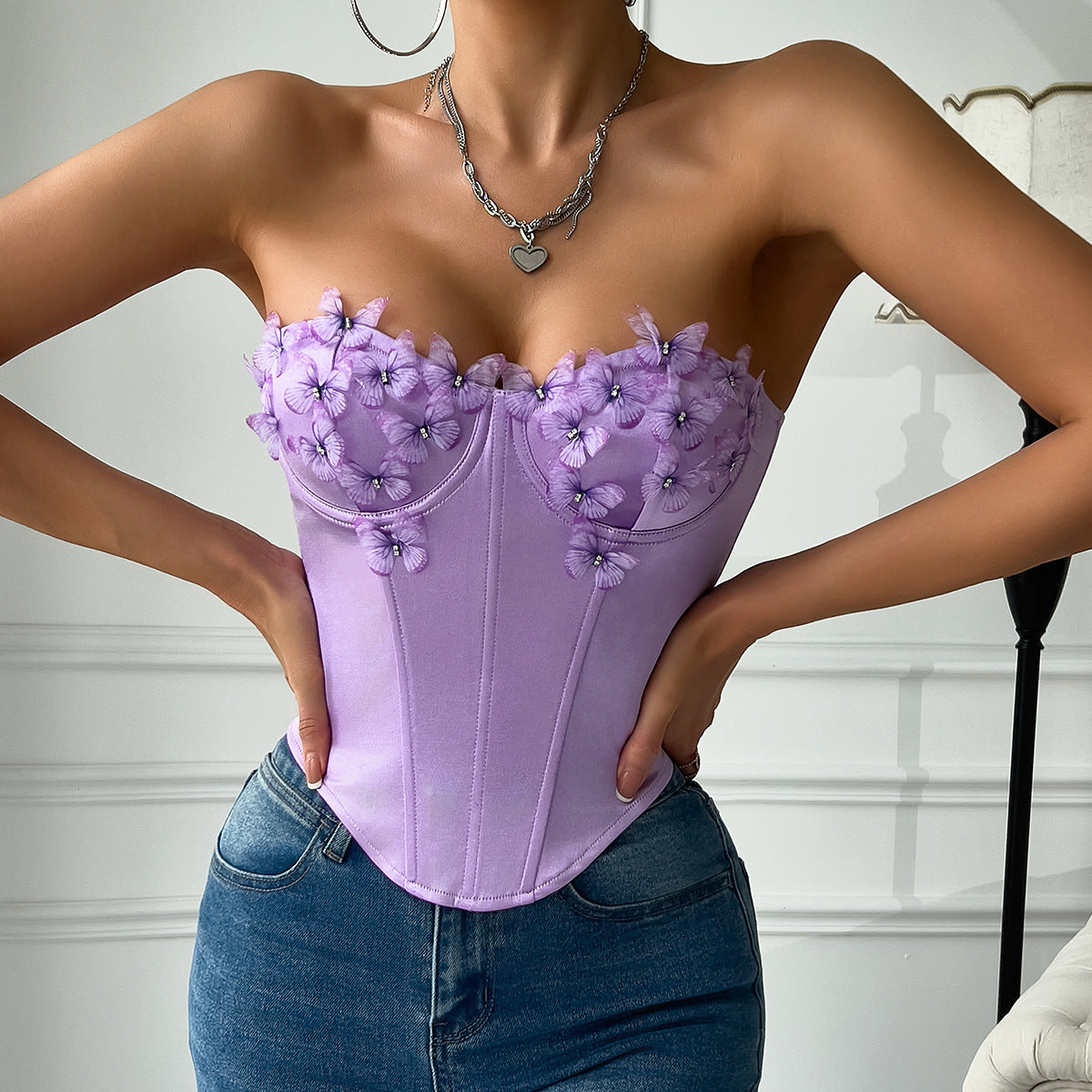 Satin Butterfly Tube Top Diamond Top - XNOIR