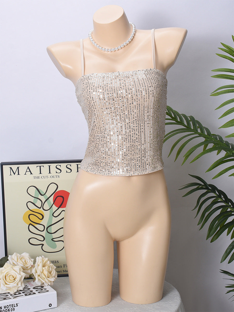 Adjustable Back Shoulder Strap Sleeveless Hollow Backless Sequin Sling - XNOIR