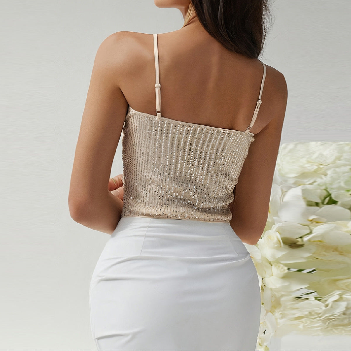 Adjustable Back Shoulder Strap Sleeveless Hollow Backless Sequin Sling - XNOIR