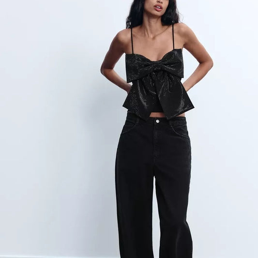 Sleeveless Rhinestone Bowknot Decoration Short Strap Top - XNOIR