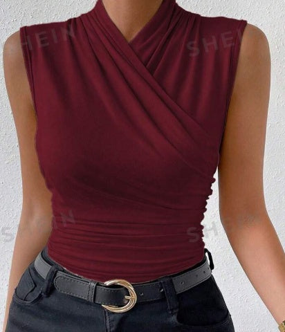 Summer Solid Color Crisscross Pleated Sleeveless Tank Top - XNOIR
