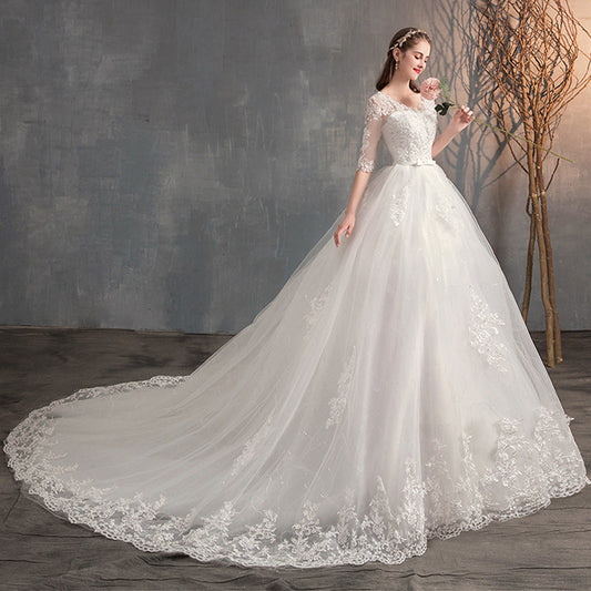 Wedding Dress Trailing Deep V Neck Lace High Waist Wedding Dress Long Sleeves - XNOIR