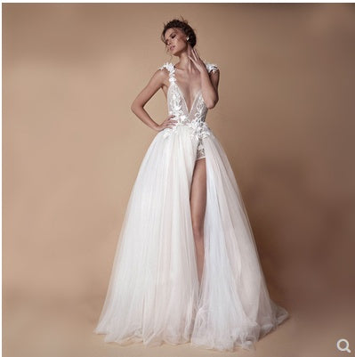 Angel Wedding Dress, Diamond Lace Collar, High Slit Bridal Tail, Open Back Light Wedding Dress - XNOIR