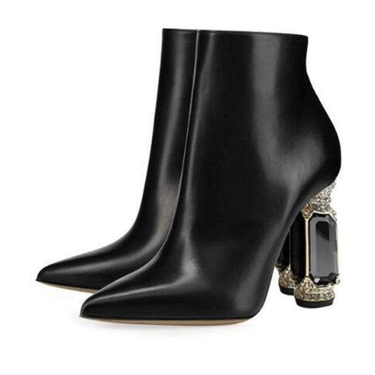 Luxury Rhinestone Gemstone Heel Women Side Zip Short Boots - XNOIR