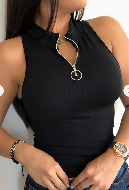 Solid Color Zip Up Tank Top, Casual Sleeveless Top For Spring & Summer, Women's Clothing - XNOIR