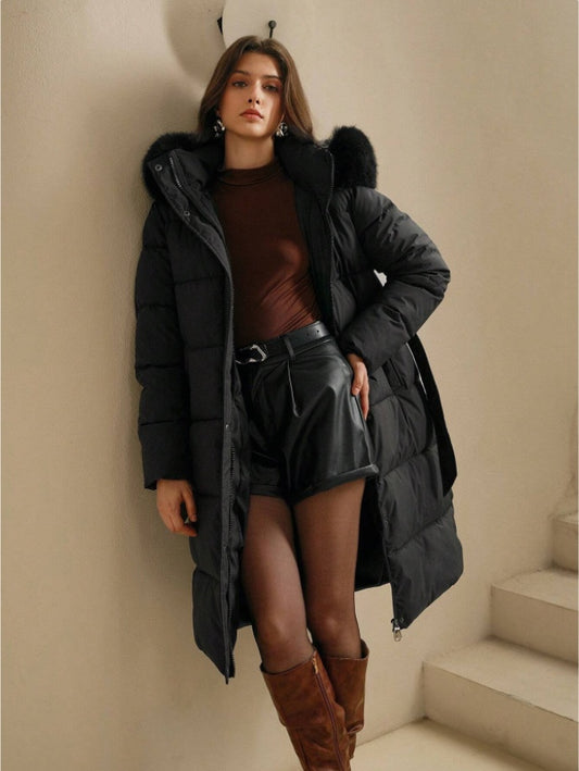 Anewsta Women's Solid Color Long Sleeve Zip Up Hooded Padded Coat With Faux Fur Trim - XNOIR