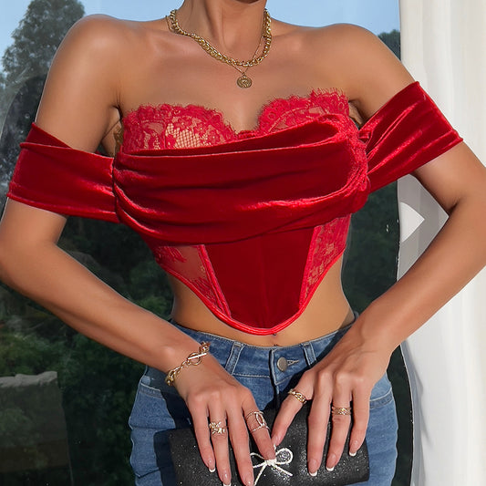 Velvet Stitching Flower Lace Slim Sexy Off-the-shoulder Top - XNOIR