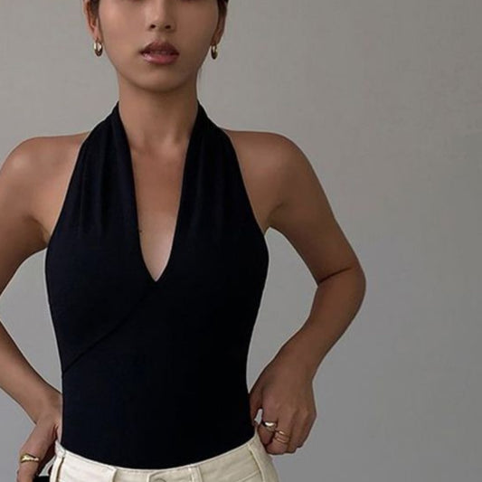 Advanced Sense Black V-neck Halterneck Vest - XNOIR
