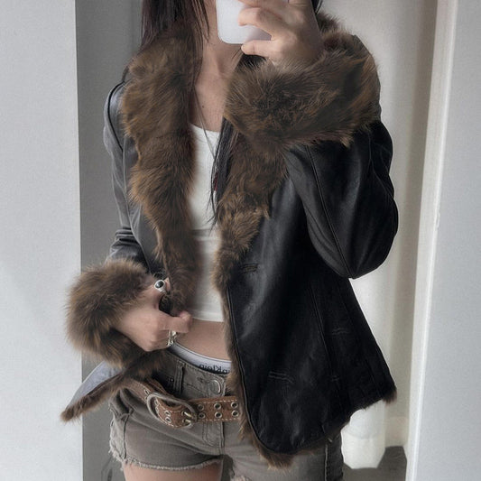 American Street Loose Fur Collar Leather Coat - XNOIR