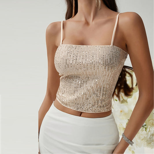 Adjustable Back Shoulder Strap Sleeveless Hollow Backless Sequin Sling - XNOIR