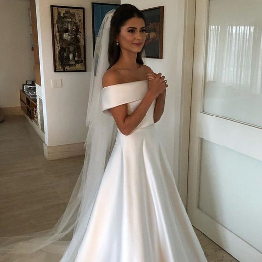 Simple A Line Wedding Dresses Satin Off The Shoulder Wedding Bridal Gowns Sweep Train Casual Dresses Zipper With Buttons Back - XNOIR
