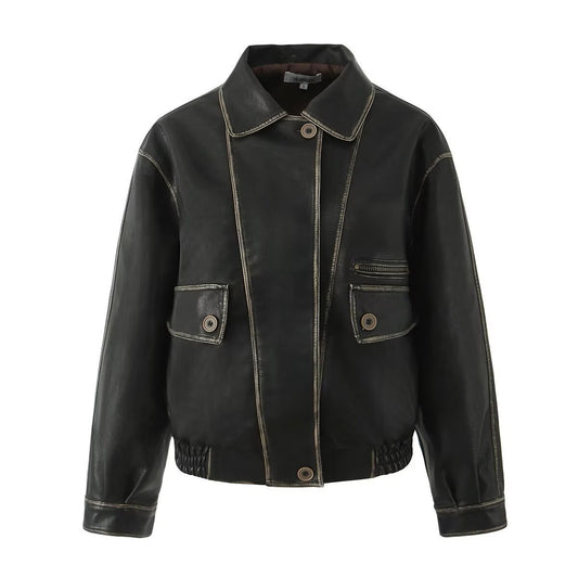 American Retro Asymmetric Colored Leather Distressed Casual Polo Collar Short PU Leather Jacket - XNOIR