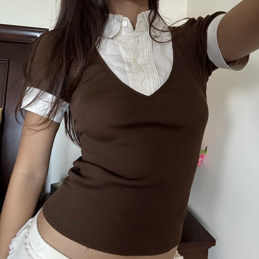 American Retro Polo Collar Stitching Fake Two Pieces Short Sleeve T-shirt For Women - XNOIR