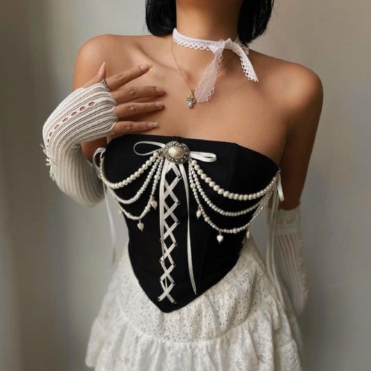 Vintage Velvet Stitching Pearl Chain Off-shoulder Tube Top Fishbone Bra - XNOIR