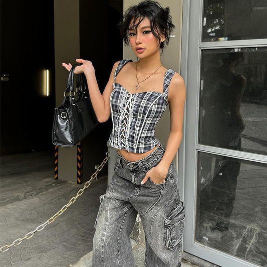 American Vintage Stripe Strap Design Temperament Spaghetti-strap Camisole Top - XNOIR