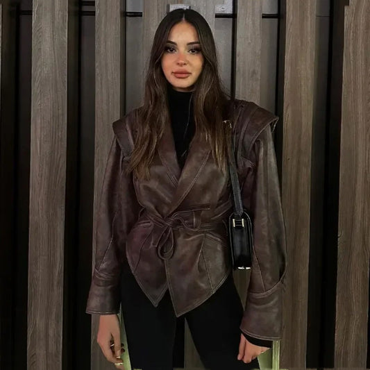 All-match Retro Green Collar Single-breasted With Belt Leather Coat Women - XNOIR
