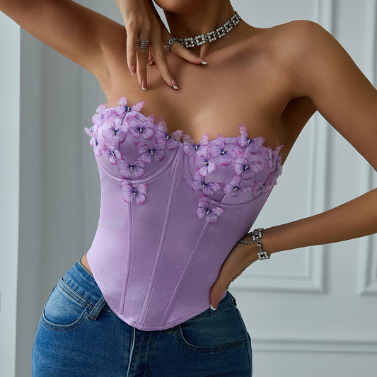 Satin Butterfly Tube Top Diamond Top - XNOIR